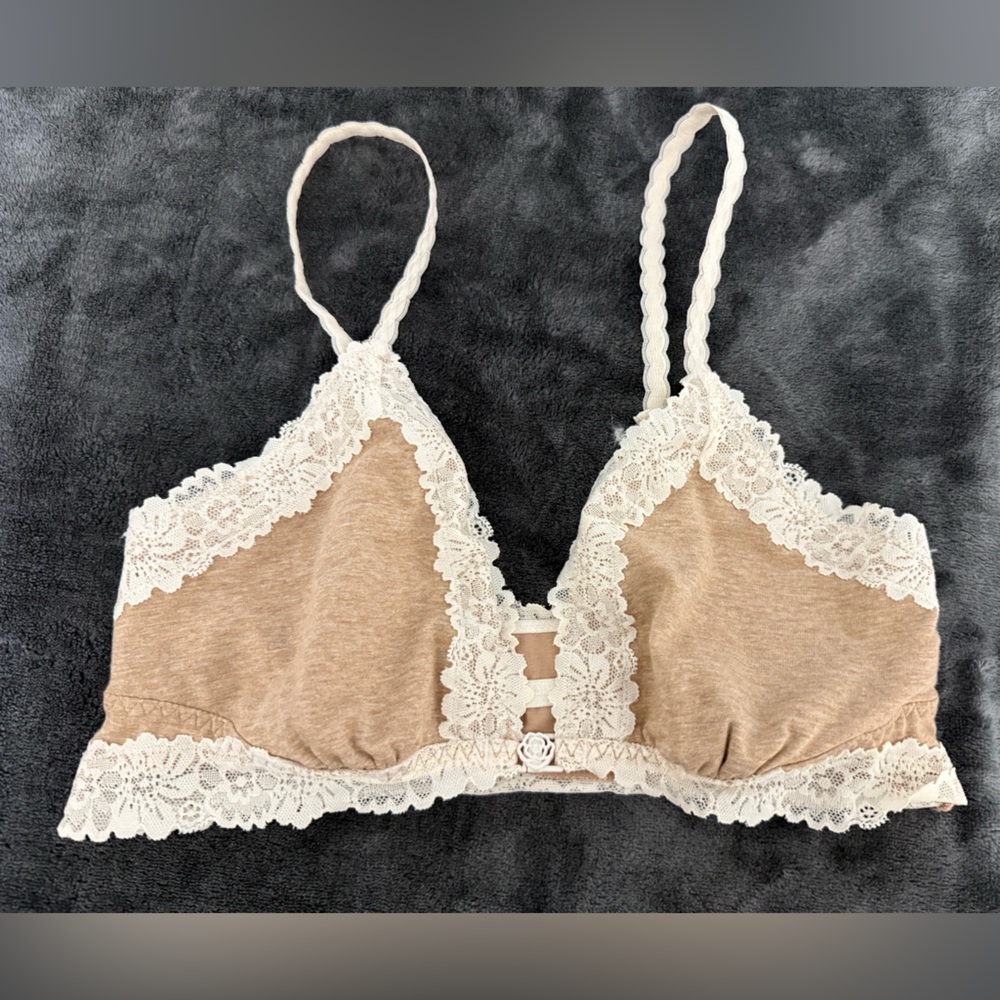 Pink  Tan and Cream Lace Bralette, size small - excellent condition.